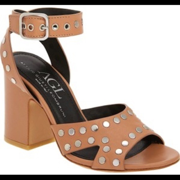 New AGL Tan Studded Ankle Wrap Leather Block Heels - Picture 2 of 14